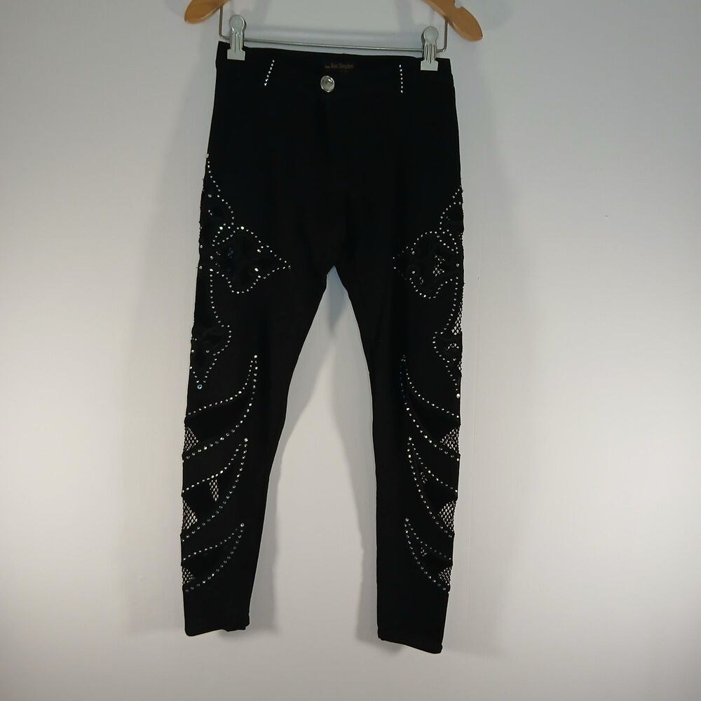 Platinum Plush Bus Stop Black Rhinestone Mesh Pants S Y2K Biker Grunge Rock Rare